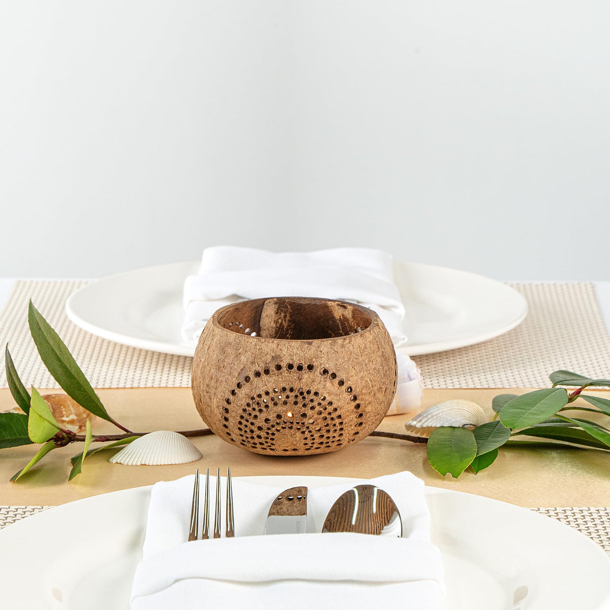 Restaurantware-Coco Casa 4 x 3.3 Inch Coconut Shell Candle Holders, 1 Reusable Tealight Holders - Candle Not Included, Rainbow Pattern, Tan Coconut Bowls For Candles, Handcrafted