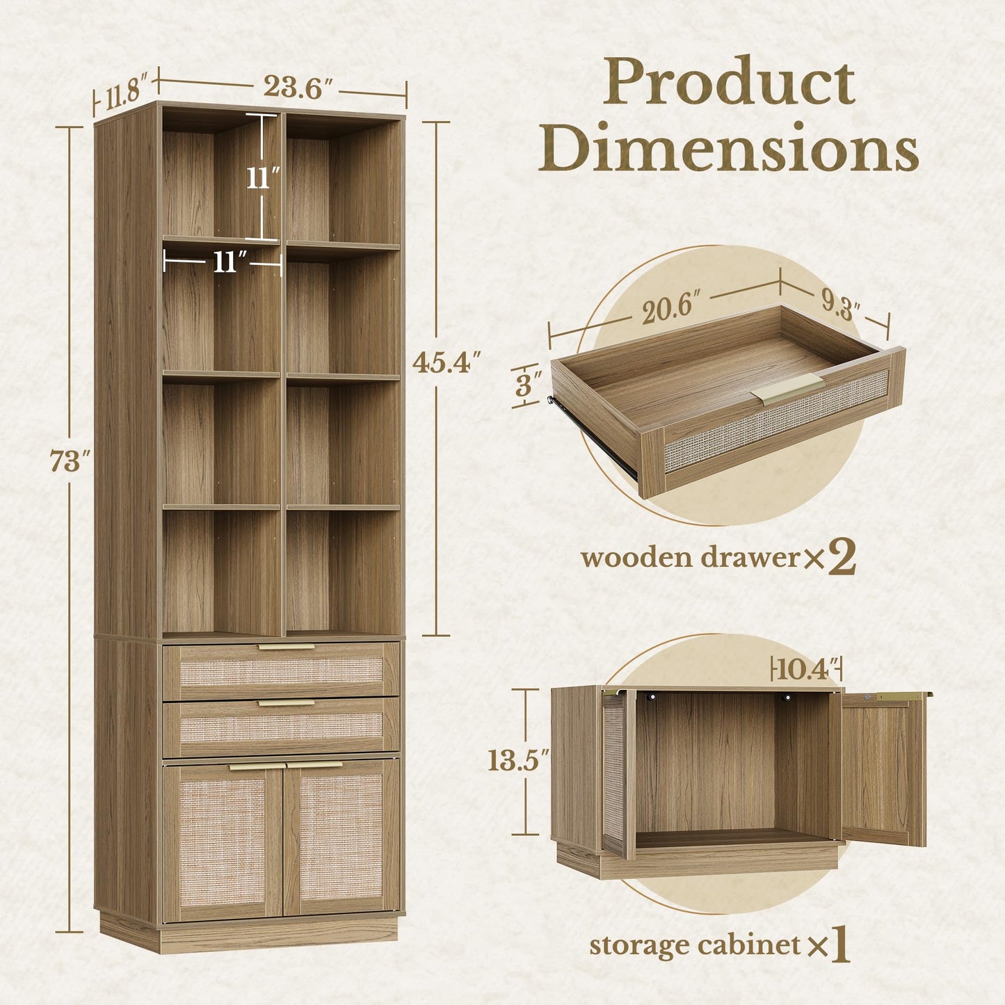Perledesign Home Office Furniture Set, 63'' Electric Standing Desk with 73'' Bookshelf and 2 Drawer Lateral File Cabinet, Office Furniture Desk Sets, Rattan Style Natural Oak