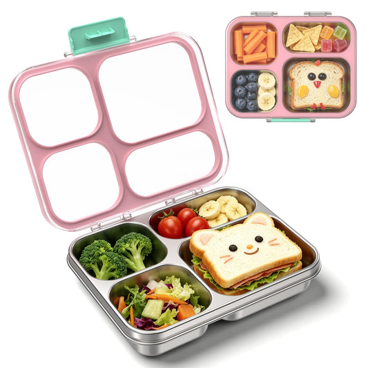 Reeple Stainless Steel Lunch Box for Kids, Leakproof 4 Compartment Kids Bento Lunch Box with Clear Lid, BPA-Free Steel Lunch Box Containers for School Travel (Pink)