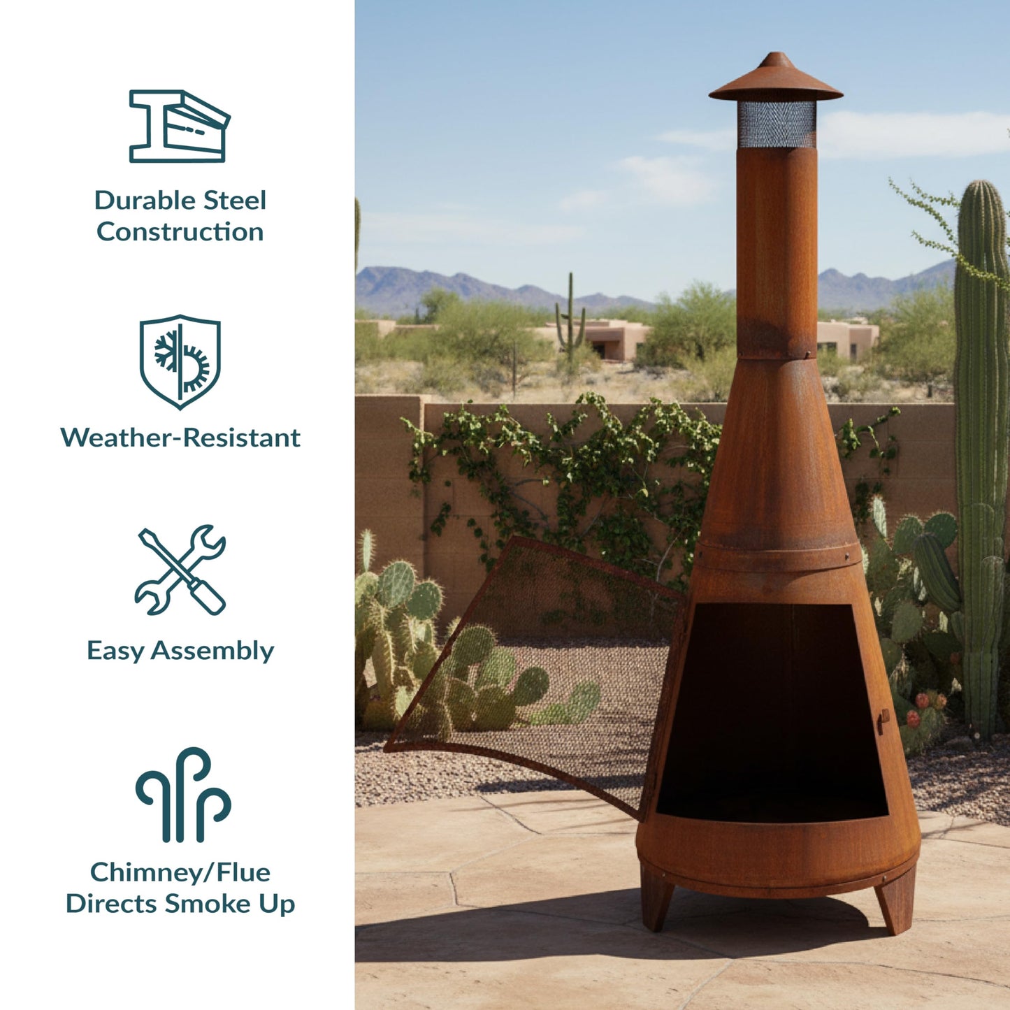 Sunnydaze 70" Metal Chiminea Outdoor Fireplace - Wood Burning Outdoor Chimney Fireplace for Backyard - Large Steel Patio Fire Pit - Rustic