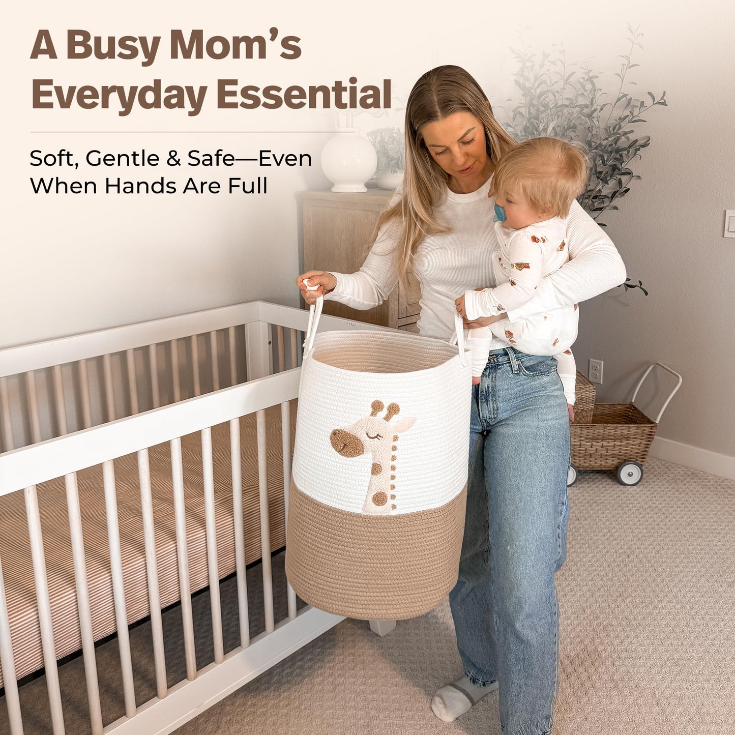 Baby Laundry Basket & Nursery Hamper – 20"x15" Large Giraffe Baby Hamper for Nursery Decor, Tall Woven Rope Dirty Clothes Laundry Hamper with Handles, Safari Animal Baby Room Storage Bin (White & Tan)