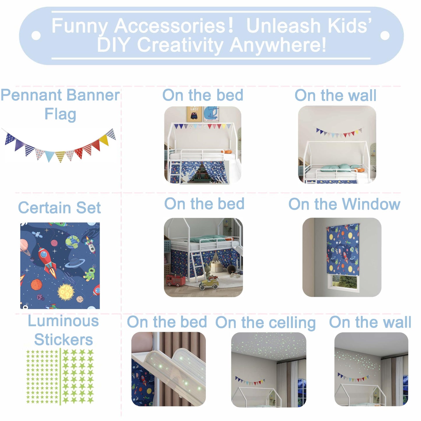 Metal Junior House Twin Loft Bed with Slide and Curtain Set and Pennant Banner Flag and Star Stickers, White with Blue