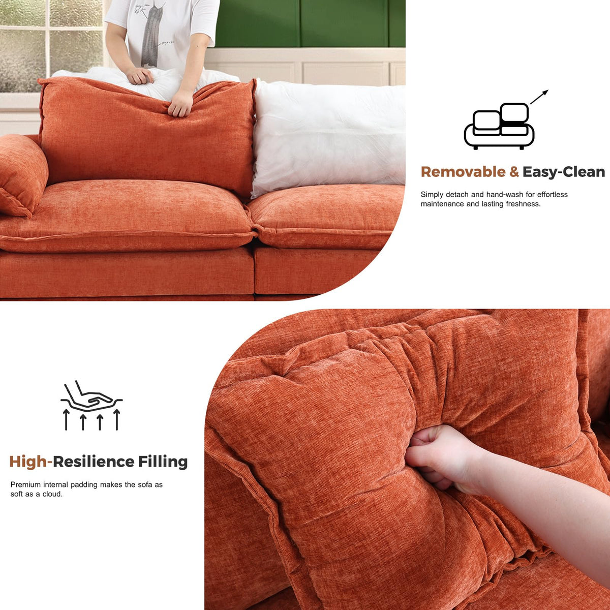 ABCASA 113" Oversized Cloud Couch Modular Sectional Couches for Living Room, Large 6-Seat Deep Seat Sleeper Sofa Bed Modern Sofa with Movable Ottoman and Throw Pillows for Apartment - Chenille Orange