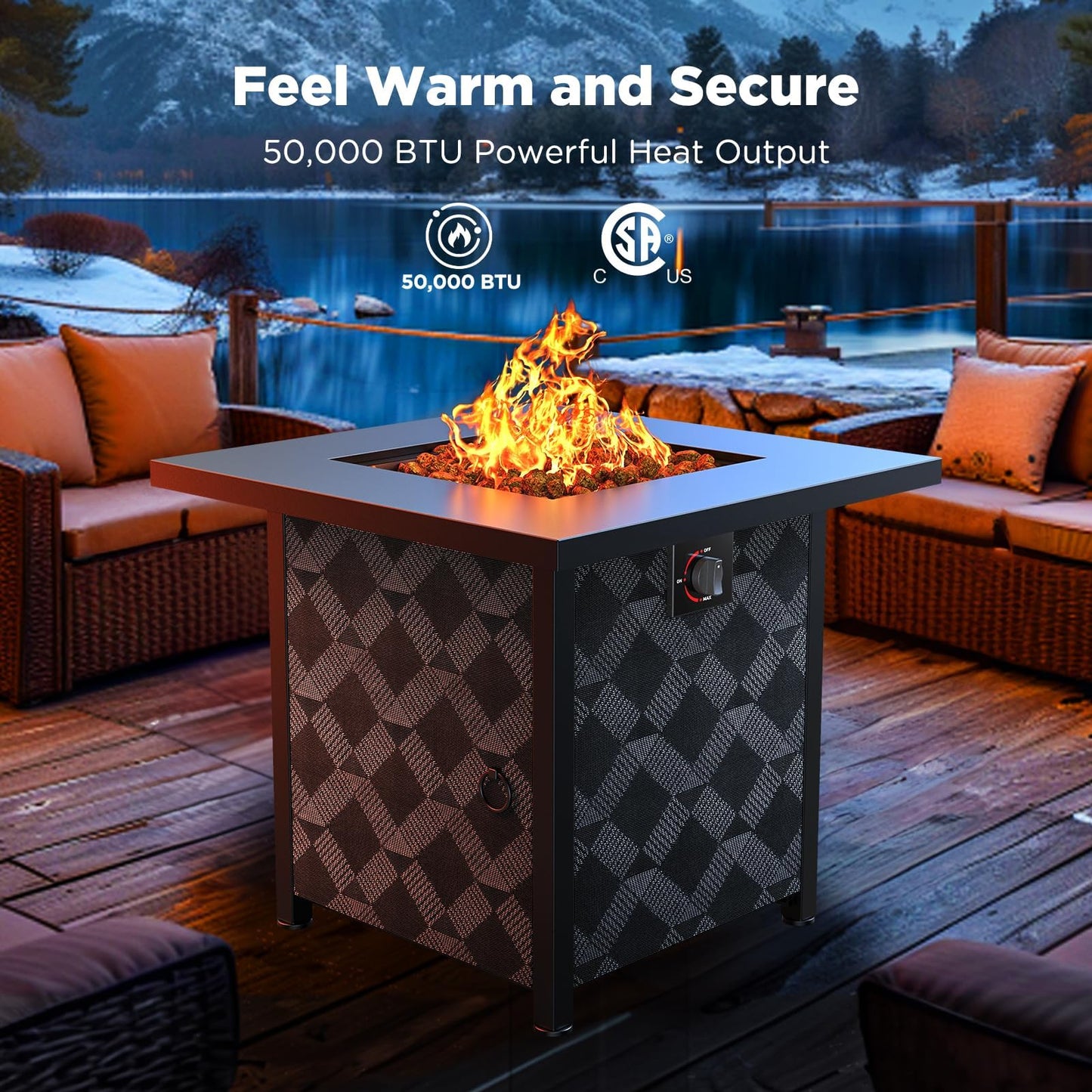 Ciays 28Inch Propane Fire Pit Table, 50,000 BTU Outdoor Gas Fire Pit Table CSA-Certified for Outside Patio with Removable Lid and Lava Rocks, Add Warmth and Ambience to Parties, Backyard, Garden