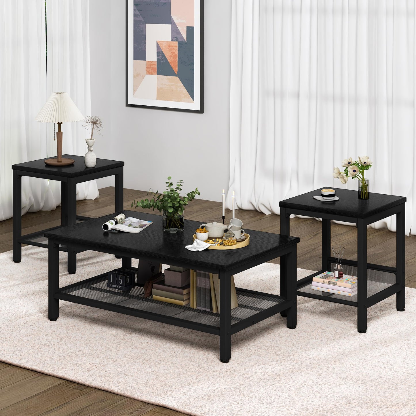 furlinkhm Coffee Table Set of 3, Industrial Coffee Table with 2 Square End Side Tables, Modern Living Room Table Set, with Metal Frame, for Apartment Home Office, Black