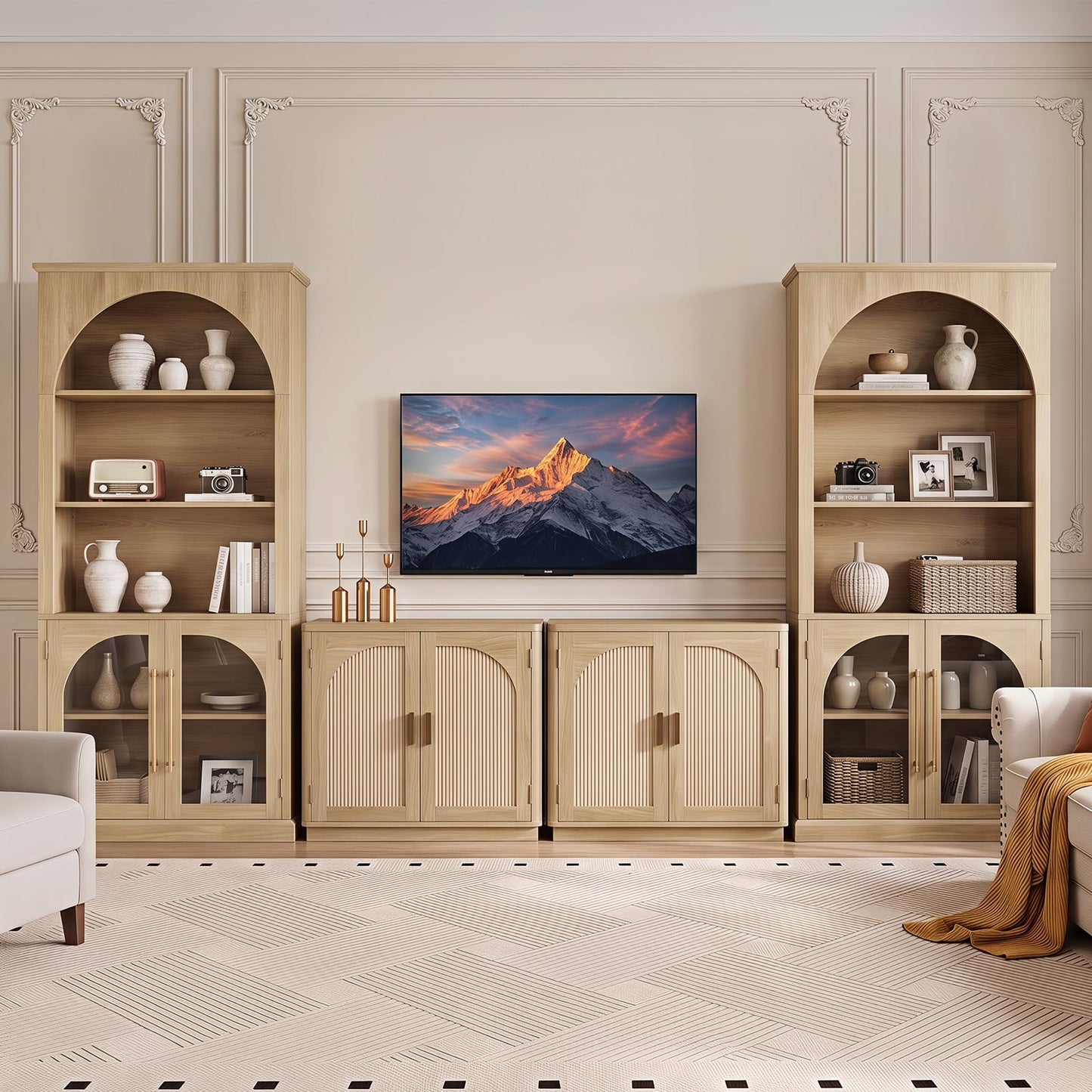 LELELINKY Arched Bookshelf with Tempered Glass Doors, 67" Tall Bookcase