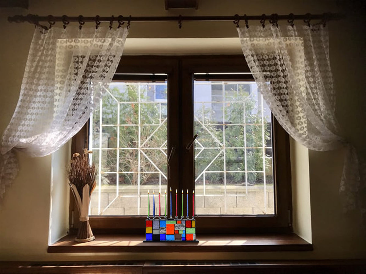 Ner Mitzvah Glass Hanukkah Menorah - Wall of Unity Multicolored Chanukah - Handcrafted Painted Glass - Fits All Standard Candles