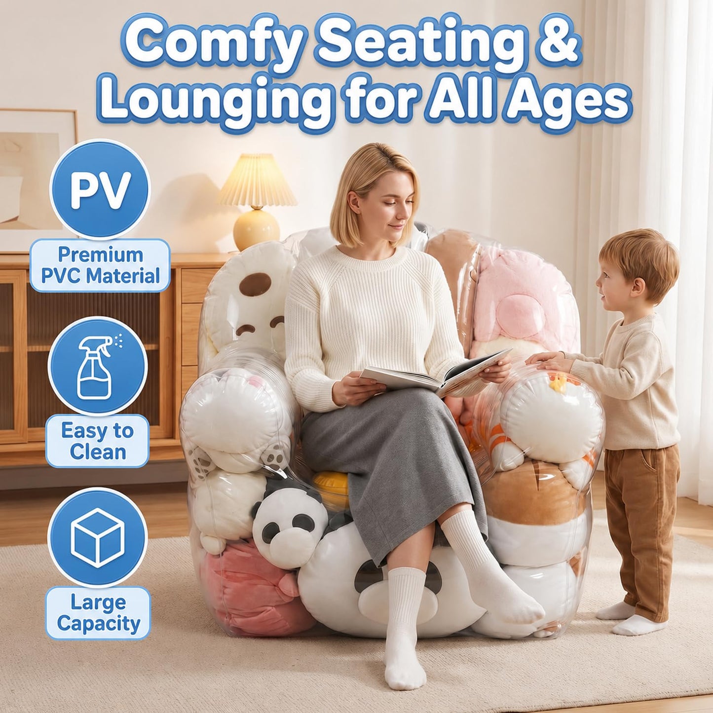 Extra Large Beanbag Chair Cover with Zipper, Clear Stuffed Animal Storage Bean Bag Chair Cover for Kids, PVC Bean Bag Chair Plush Toys Storage & Organizing