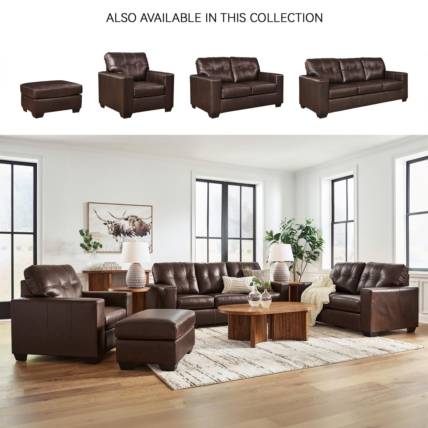 Signature Design by Ashley Santorine Classic Leather Match Tufted Sofa Sleeper with Removable Seat Cushions and Bi-Fold Memory Foam Mattress, Queen, Dark Brown