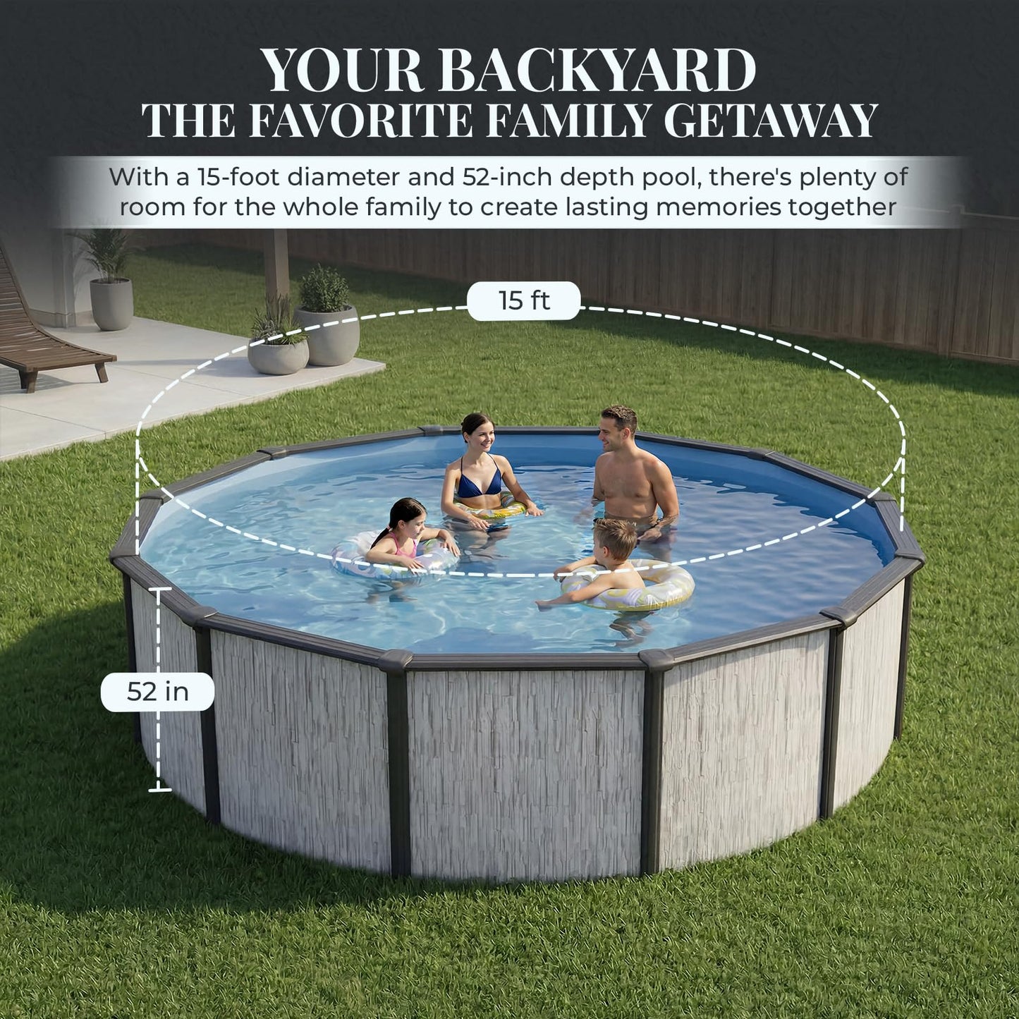 Blue Wave Sevilla 15-ft Round 52-in Deep Hard Sided Steel Wall Above Ground Pool with 6-in Top Seats, 5-in Verticals, Skimmer & Vinyl Liner - 5,130 Gallon Capacity for Family Swimming & Recreation