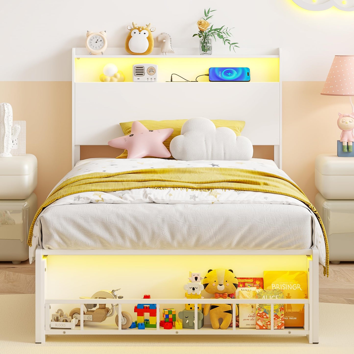 Timy Twin Size Bed Frame with LED Lights Metal Platform Bed for Boys and Girls Wooden Headboard with Charging Station No Box Spring Needed White