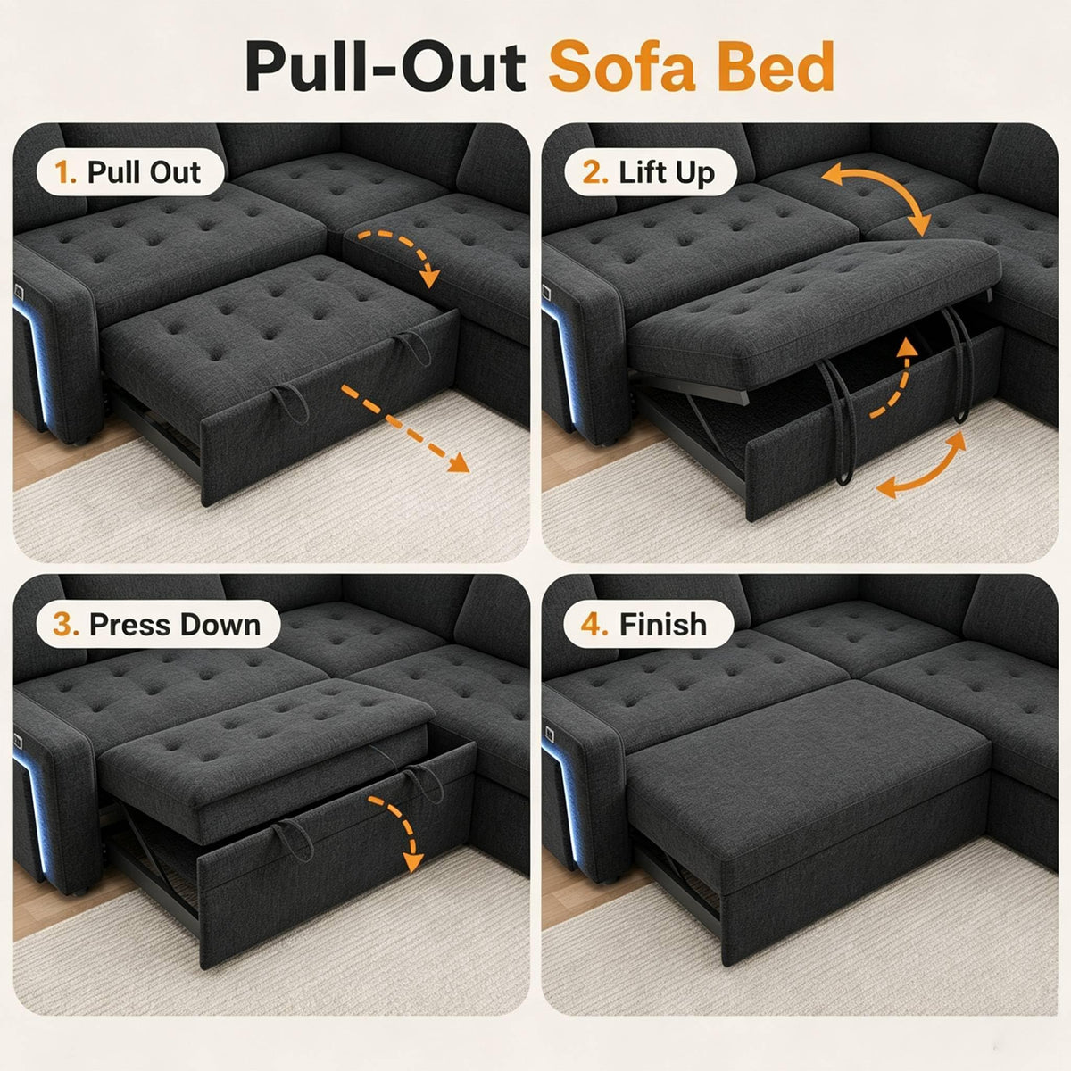 Sunny Heart 8 Seat U Shaped Sectional Sleeper Sofa Bed with Pull Out Bed, Chenille Sectional Sleeper Couch with Adjustable Backrest, USB Ports, LED, Side Table, Tool-Free Assembly,Gray