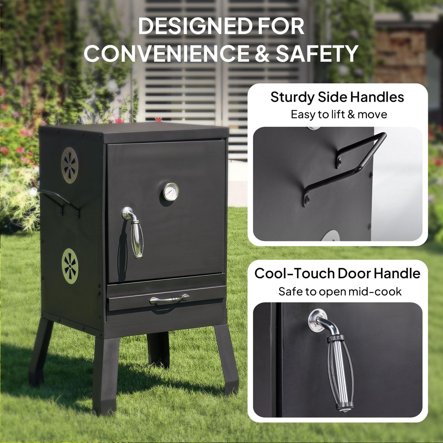 ROVSUN 2-in-1 Outdoor Smoker, Vertical Portable Charcoal Grill Smoker with Two Detachable Grill Smoking Racks and Charcoal Pan, Perfect for Camping Barbecue, Small Families, Black