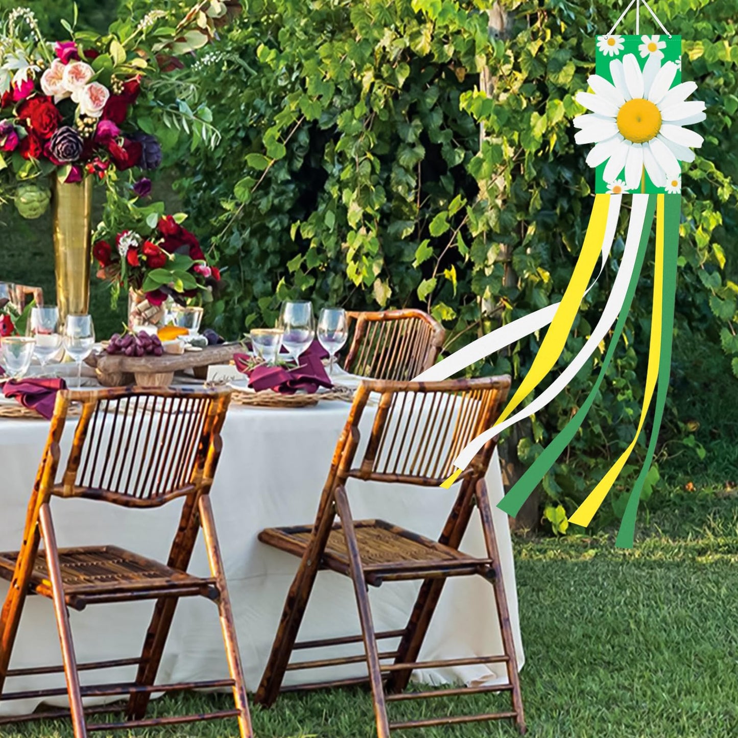 40 Inches 3D Daisy Windsock Decoration, Dimensional Hanging Outdoor Wind Sock with Green, White, and Yellow Streamers for Garden, Yard, Porch, Spring and Floral-Themed Party Decor