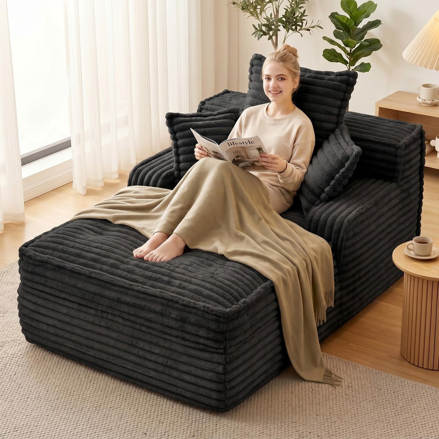 Ziydily 57 Inch Boneless Couch Lounge Chaise, Corduroy Upholstered Boneless Sofa Bed, Deep Seat Sleeper Couch Reading Chairs, Cozy Cloud Sofa Couches for Small Spaces, No Assembly Required, Black