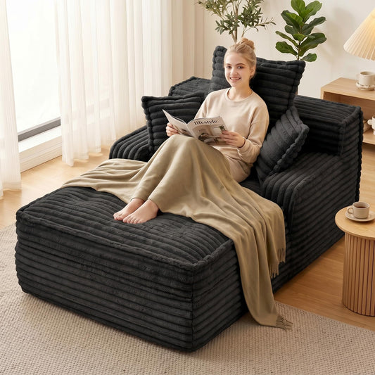 Ziydily 57 Inch Boneless Couch Lounge Chaise, Corduroy Upholstered Boneless Sofa Bed, Deep Seat Sleeper Couch Reading Chairs, Cozy Cloud Sofa Couches for Small Spaces, No Assembly Required, Black