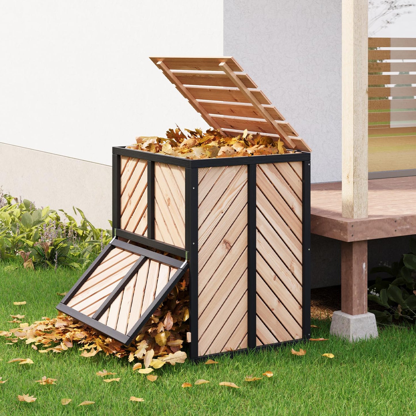 SOCOME 115 Gallon Solid Wood Composter, Outdoor Compost Bin with Pull-Out Door and Flip-Top Lid, Heavy Duty Composting Bin for Outside Backyard, Garden, Patio, Natural