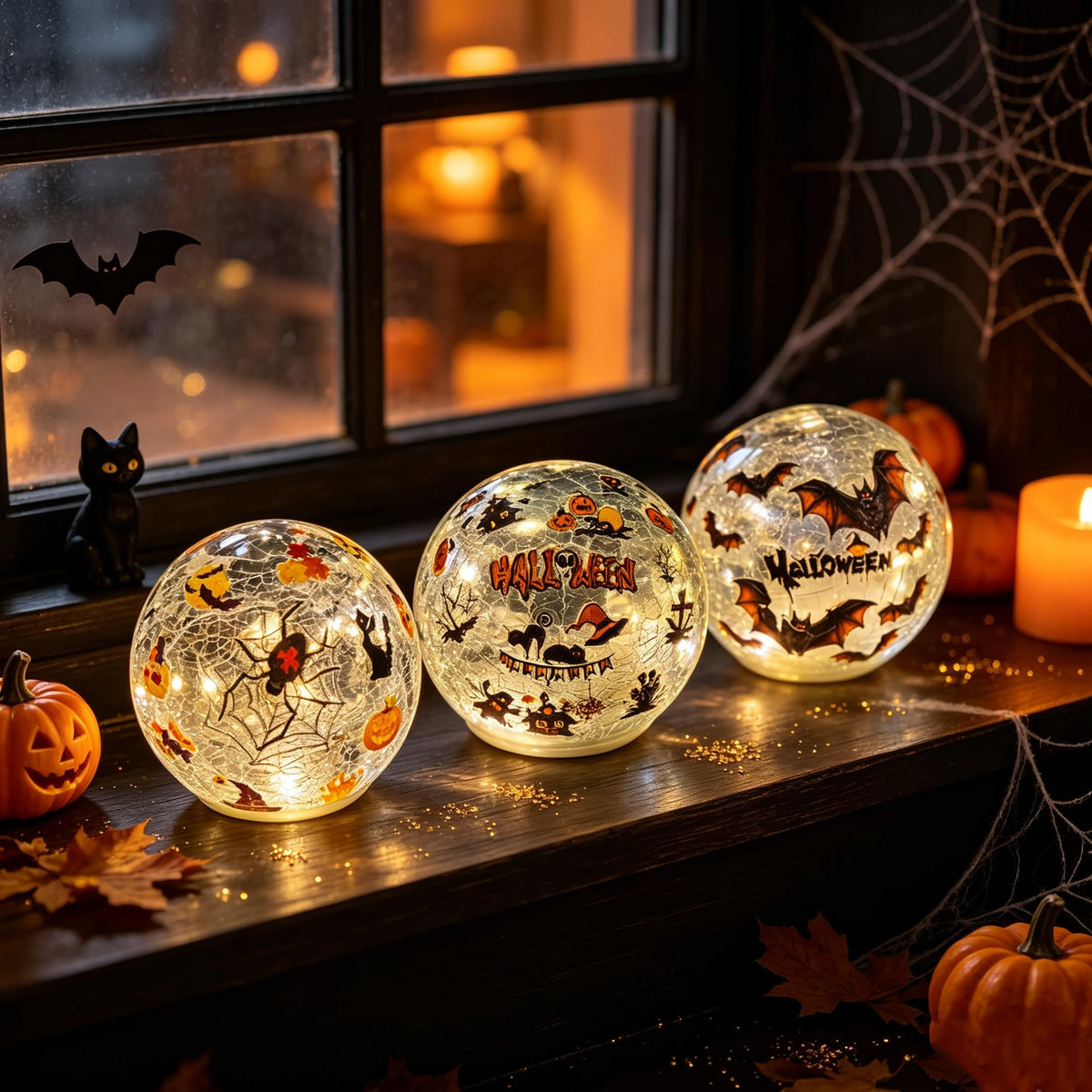 3 Pack Halloween Desktop Decorative Lights, Interior Decorations, LED Cracked Glass Ball Lights with Timer (Brown Bat)