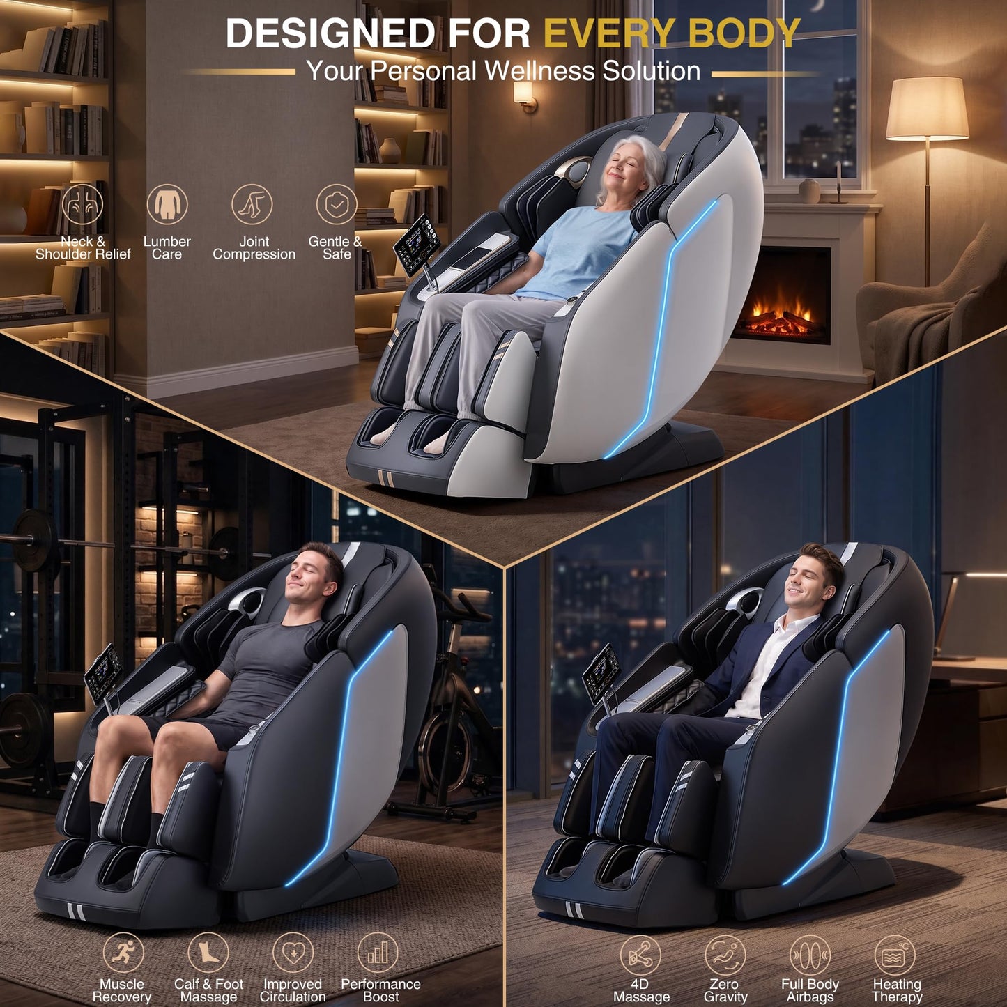 MassaMAX MT398 4D Full Body Massage Chair, 55"SL Track, Zero Gravity, Black
