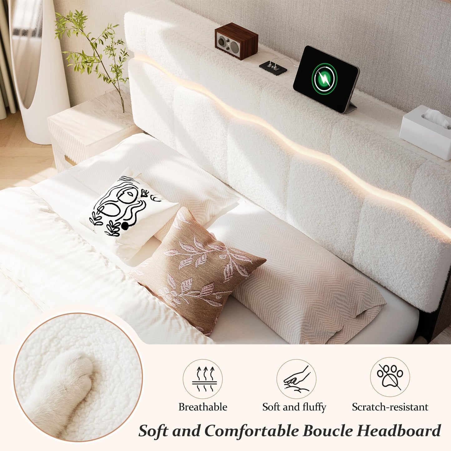 Homkdom King Size Bed Frame with Wave LED Light Strip, Platform Bed Frame with Charging Station & Headboard Storage, Teddy Fleece, No Box Spring Needed, Noise-Free, Beige