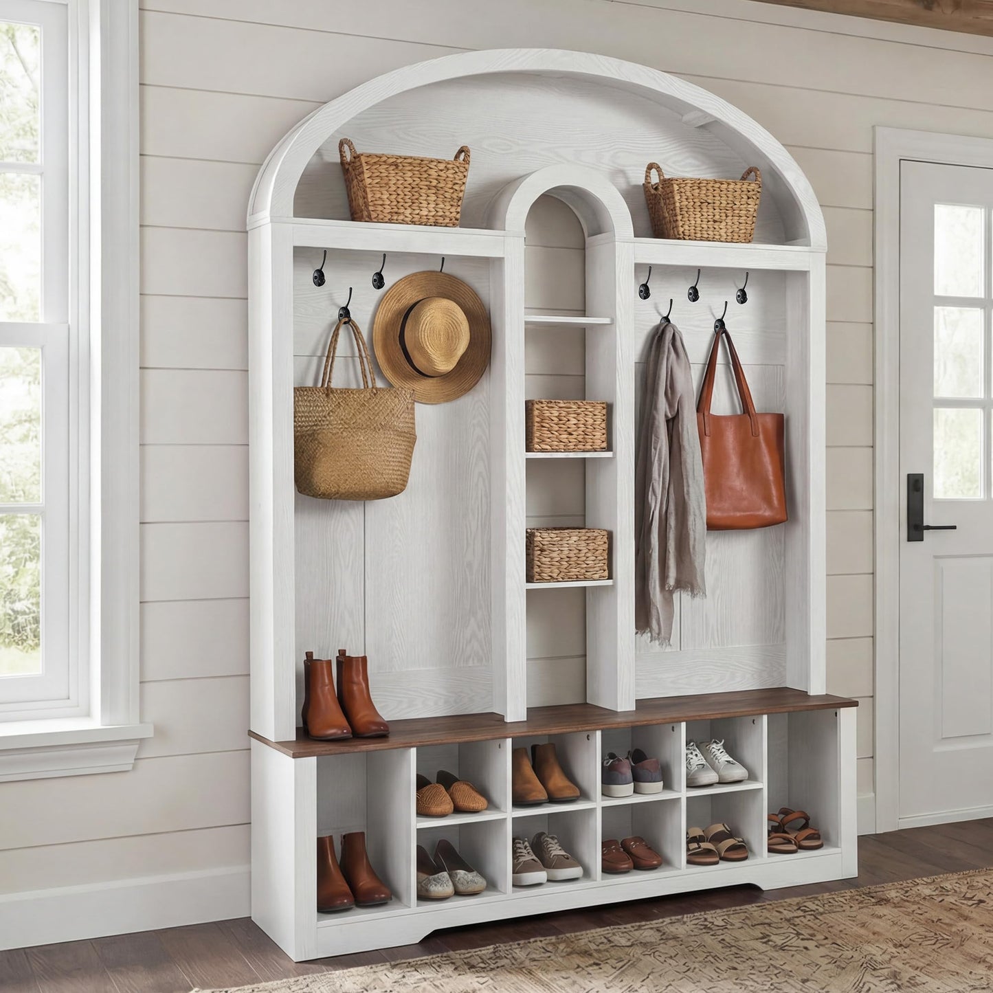 DWVO 59" W Hall Tree with Shoe Storage, Arched Entryway Bench with Coat Rack, 10 Shoe Cubbies Shelves & 10 Coat Hooks, Shoe Storage Bench for Entryway Hallway,White