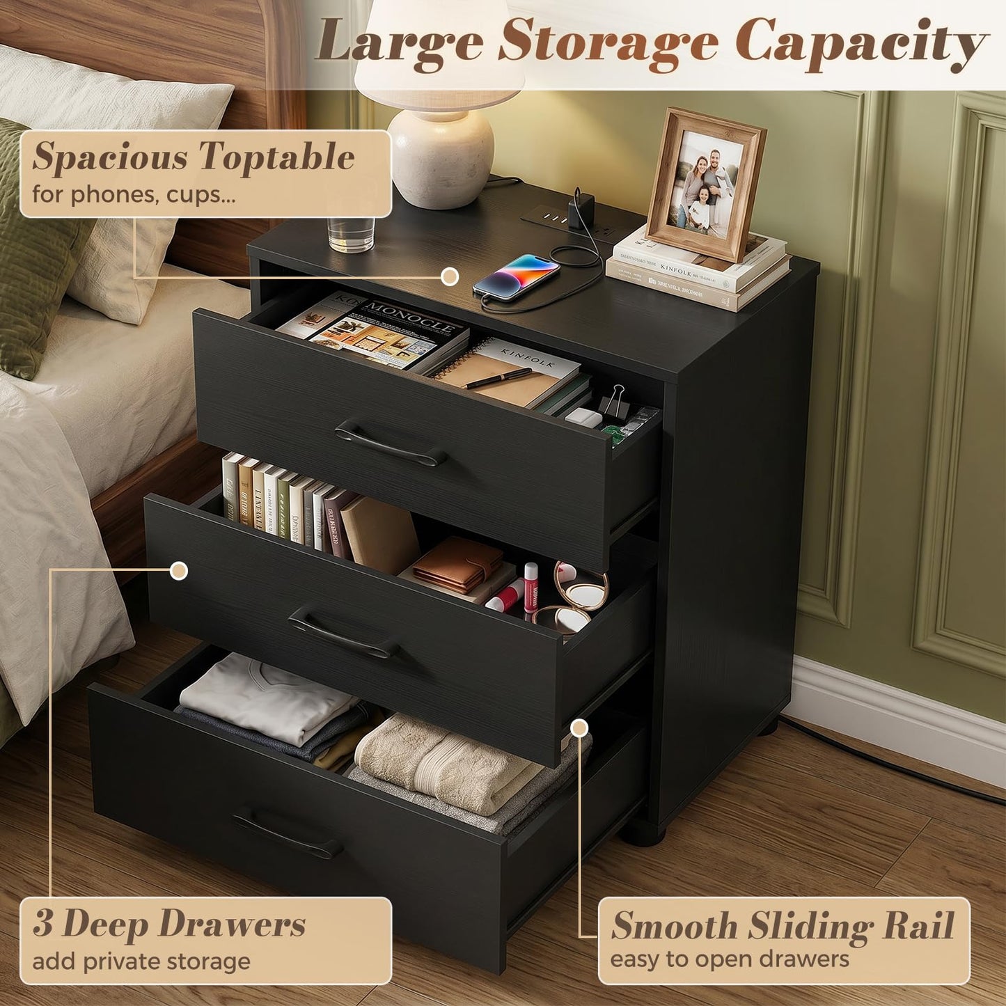 Aheaplus Night Stand with Charger Station, 21.7'' Nightstands with Wooden 3 Drawers, Large Bedside Table, Modern End Table, for Bedroom, Black