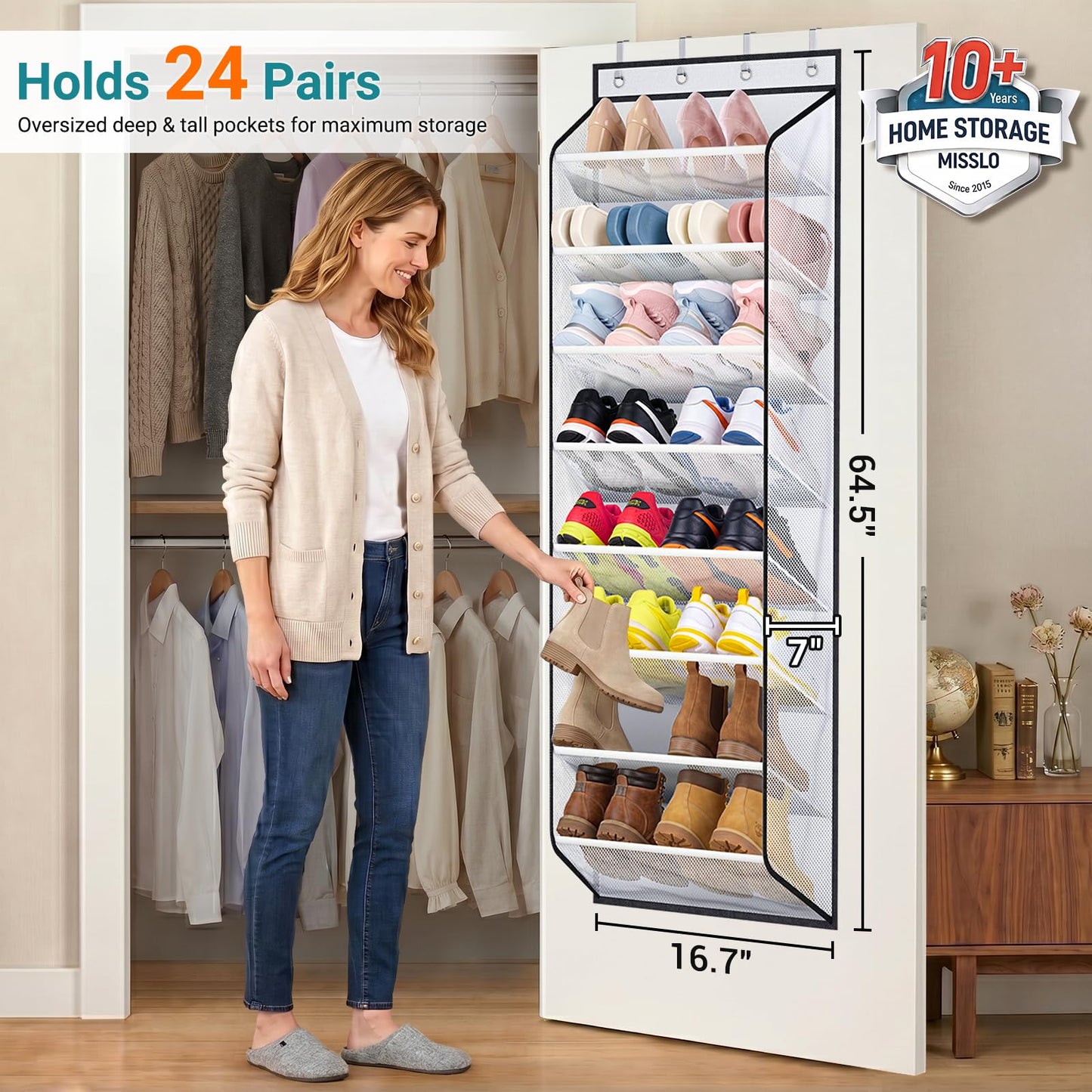 MISSLO Large Pockets Over the Door Shoe Organizer for Closet Hanging Shoe Rack for Door Shoes Storage Fits 24 Pairs Sneakers and Boots, 8 Tiers (White)