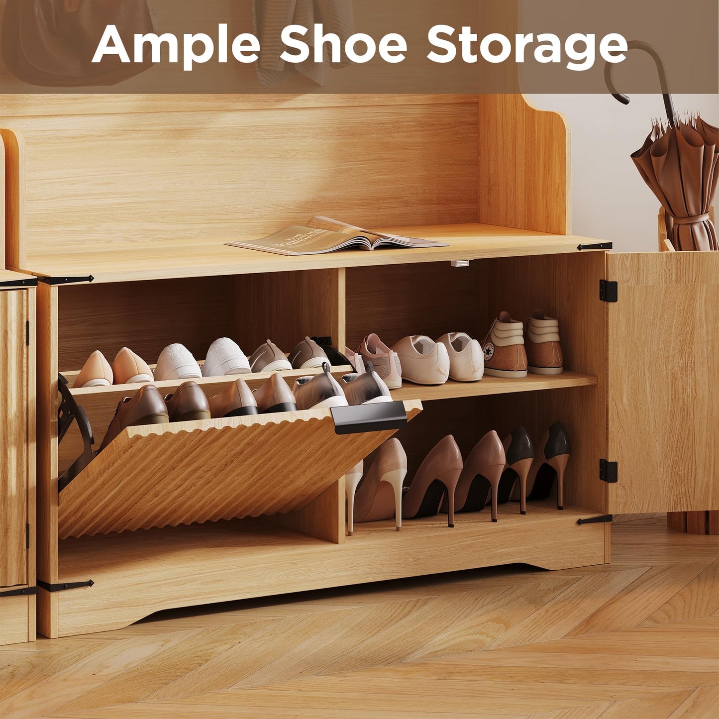 Maupvit Farmhouse Hall Tree with Bench and Shoe Storage, 4 Coat Rack with Shoe Storage Cabinet, 5-in-1 Entryway Organizer with Led Lights, Adjustable Shelves & Flip Drawers, Mudroom Seat Stool, Oak
