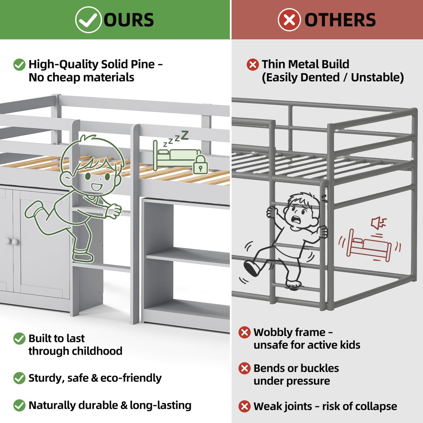 TOLEAD Wood Low Loft Bed Twin Size with Storage Cabinet, Shelf and LED Lights, Wooden Kids Loft Bed with 14" H Safety Guardrail, Ladder and Under-Bed Play Space, Grey