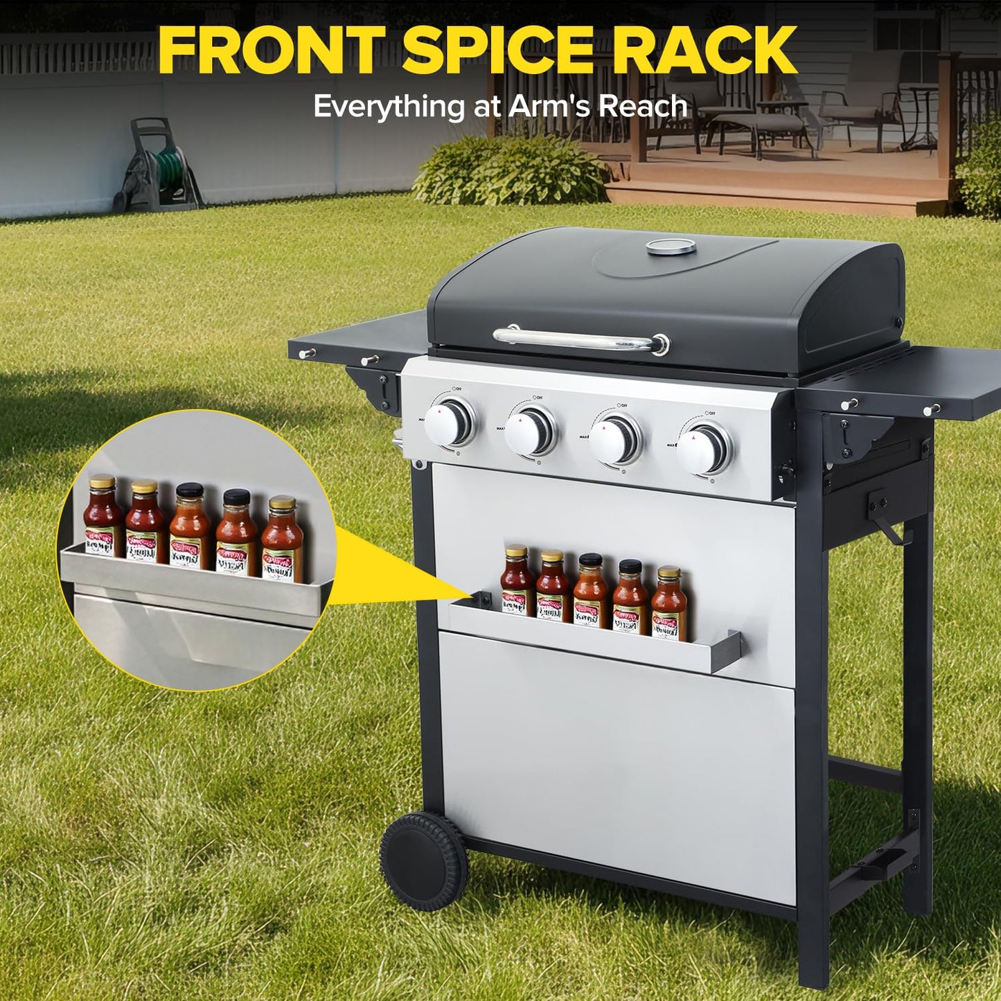 IdeaMaxx 4 Burner Gas Grill with Foldable Shelves, 40,000 BTU Stainless Steel Propane BBQ Grill, 387 Sq. In. Cooking Space, Portable Outdoor Grill for Patio, Backyard, Camping & Tailgating