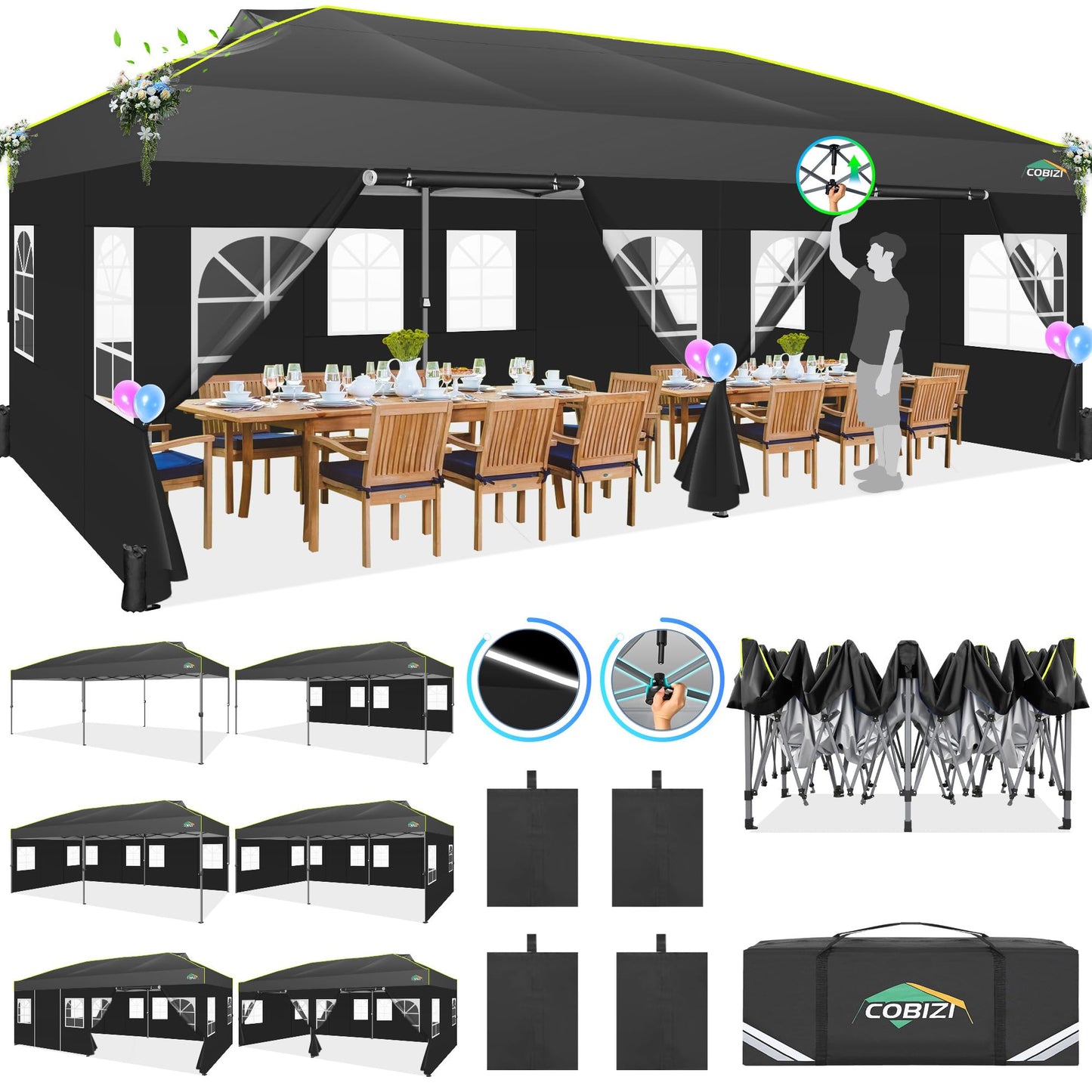 COBIZI 10x20 Pop Up Canopy with 6 Sidewalls One Push Setup Outdoor Event Shelter Waterproof UPF 50+ Gazebo Tent with Carry Bag,Air Vent,Sandbag for Wedding, Commercial, Party,Black