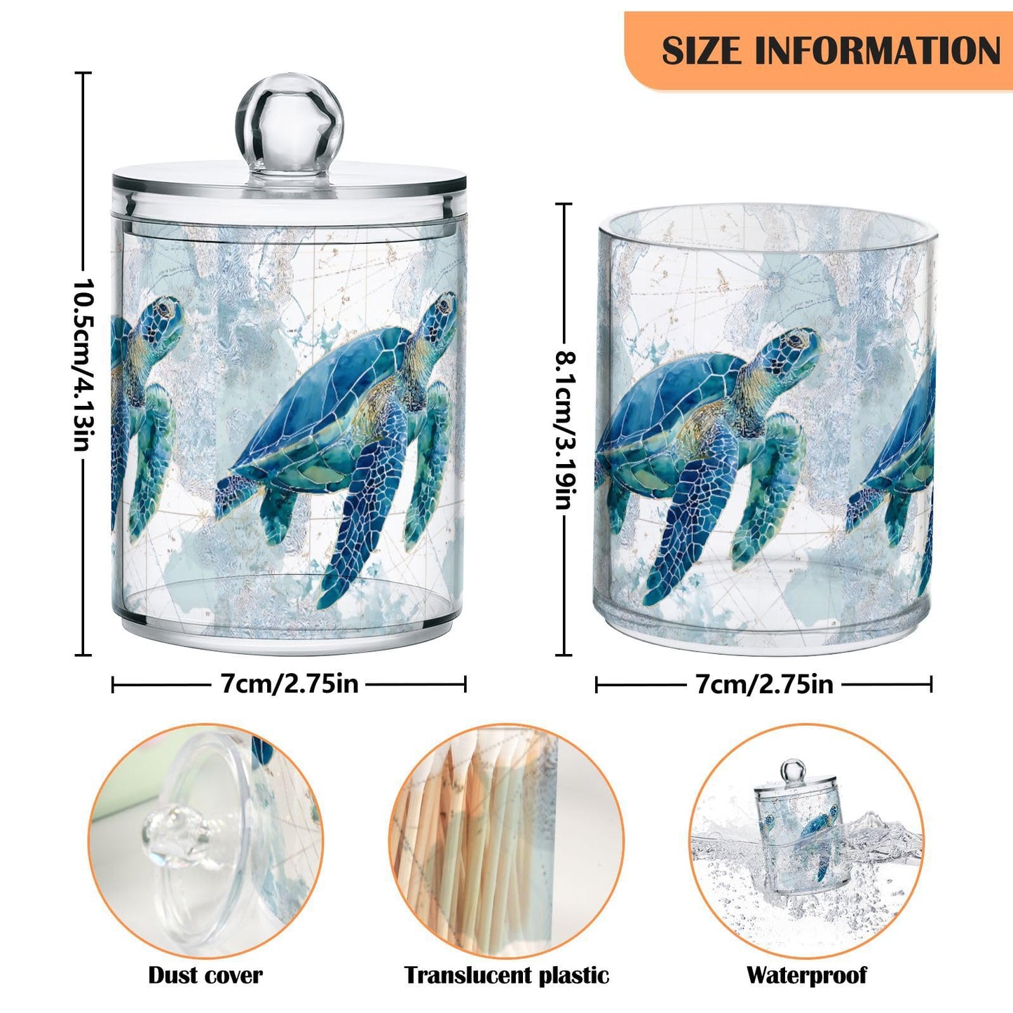 xmycdz 2 Pack Sea Turtle Pattern Apothecary Jars with Lid, 10 Oz Clear Plastic Apothecary Jar Set Qtip Holder Storage Containers for Cotton Ball Swabs Bathroom Vanity