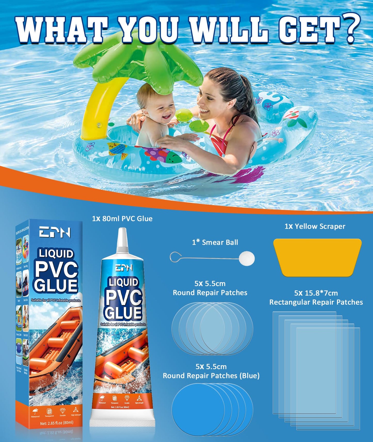 EPN Air Mattress Patch Kit, Waterproof Vinyl Pool Liner Repair Kit for Inflatables, Air Mattress, Swimming Ring, Tent, Bounce House, Inflatable Toys, Hot Tub, PVC Boat, Raft, Kayak (80 ML)