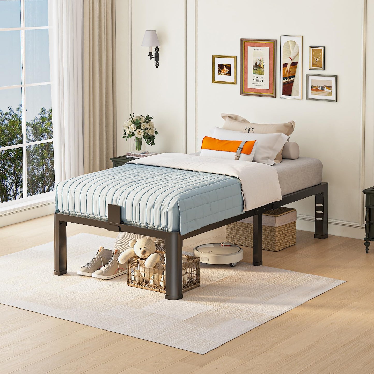 Yitong Angel 14 inch Twin XL Bed Frame with Rounded Corner Legs and Headboard Hole Mattress Slide Stopper 3500 LBS Heavy Duty Support Metal Platform,No Box Spring Needed, Noise Free,Easy Assembly