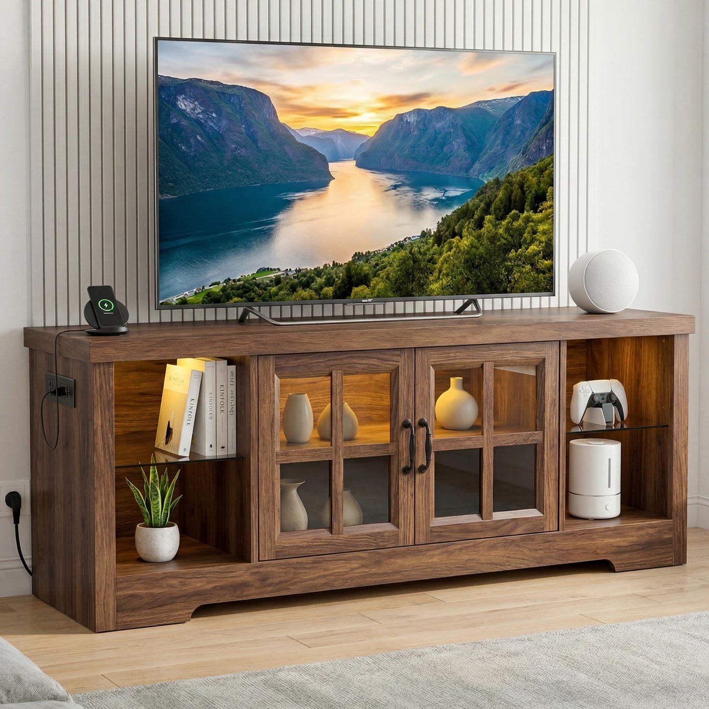 Foxemart LED TV Stands, 55 Inch Farmhouse Television Stand with Charging Station & Adjustable Shelf, Wood Entertainment Center for 60 Inch TV, Display TV Console Table for Living Room/Bedroom