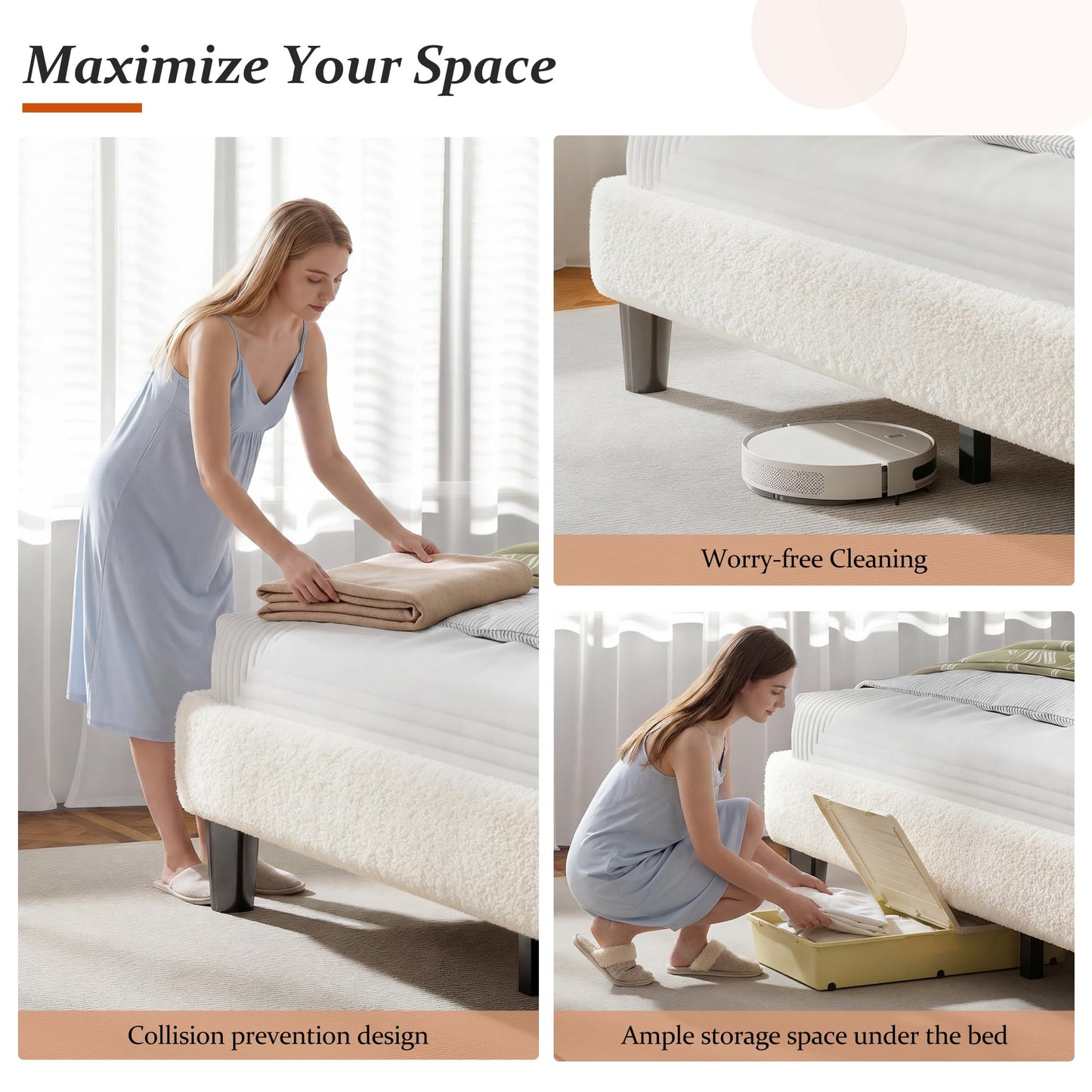 Homkdom King Size Bed Frame with Wave LED Light Strip, Platform Bed Frame with Charging Station & Headboard Storage, Teddy Fleece, No Box Spring Needed, Noise-Free, Beige