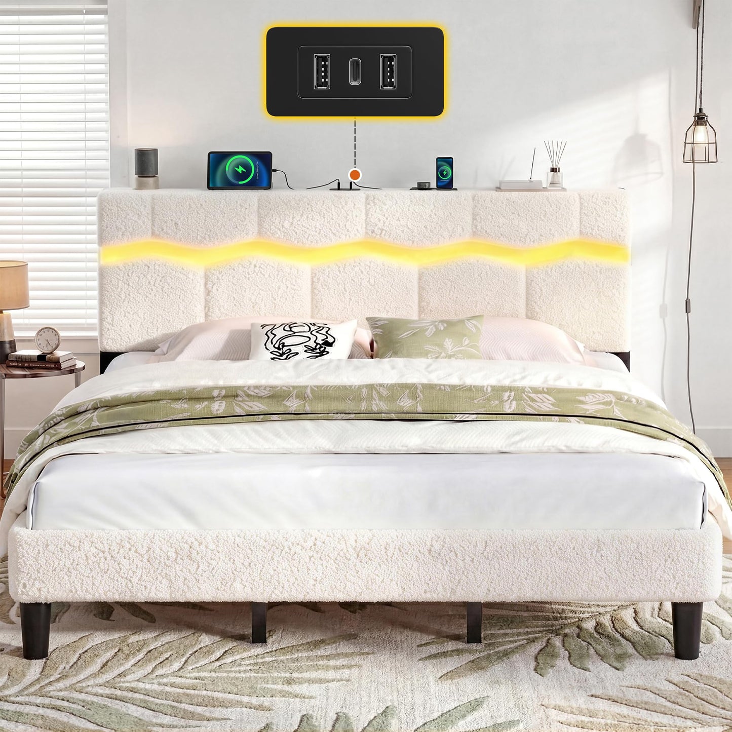 Homkdom King Size Bed Frame with Wave LED Light Strip, Platform Bed Frame with Charging Station & Headboard Storage, Teddy Fleece, No Box Spring Needed, Noise-Free, Beige
