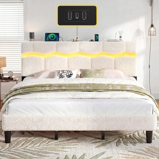 Homkdom King Size Bed Frame with Wave LED Light Strip, Platform Bed Frame with Charging Station & Headboard Storage, Teddy Fleece, No Box Spring Needed, Noise-Free, Beige