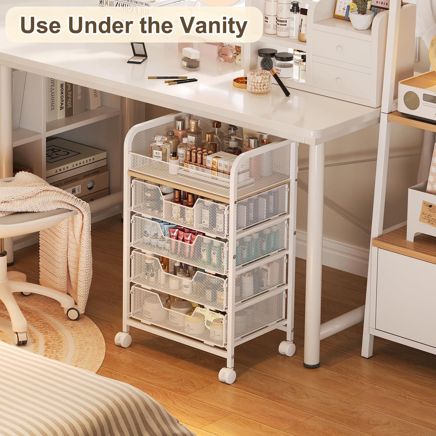 Hongtamoya Makeup Cart Organizer with 4 Drawers, Large Floor Skincare Organizers, Vanity Storage Organizer Cosmetics Display Cases for Skin Care Perfume Nail Polish, White