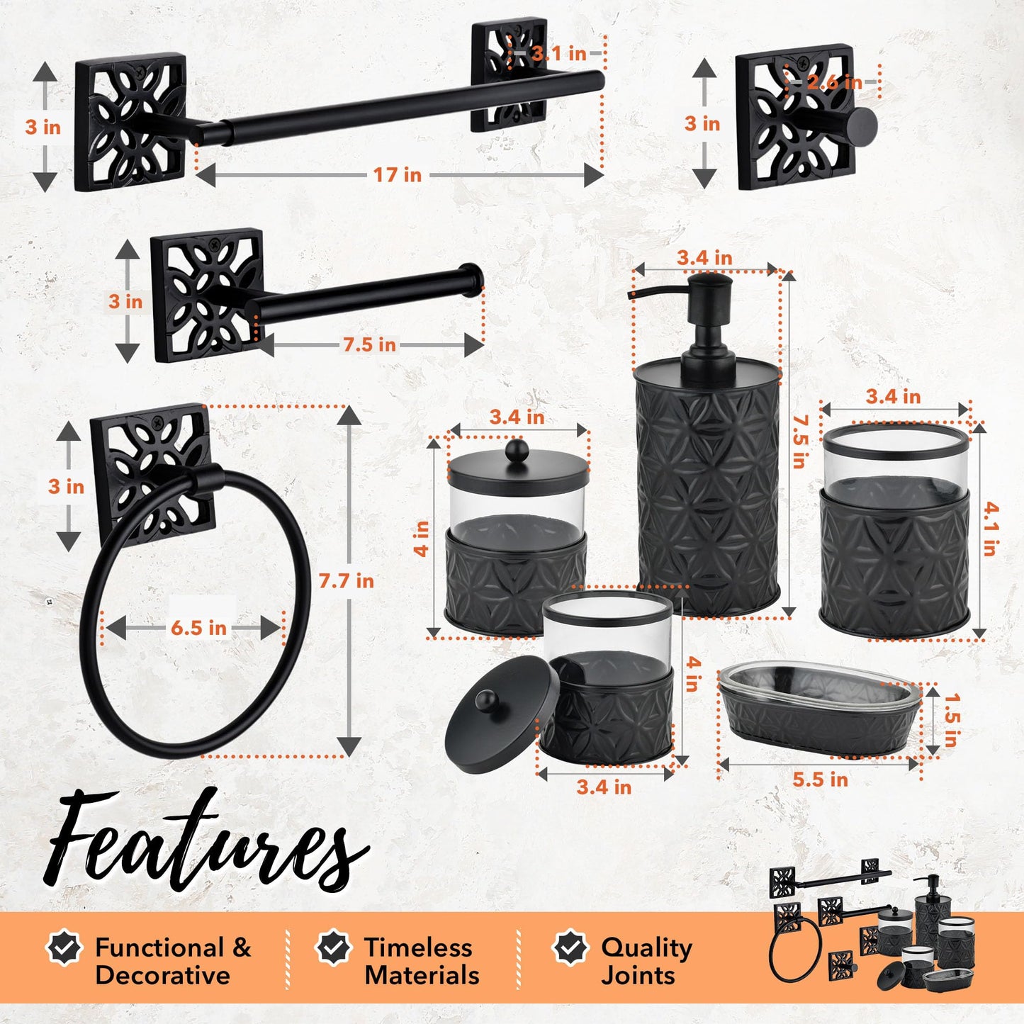 Autumn Alley 10 PC Matte Black Modern Farmhouse Bathroom Accessories Set – Complete Wall Mounted Hardware & Countertop Décor Bundle