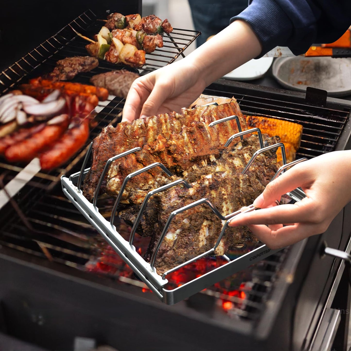 COPOTTEY Foldable Rib Rack for Smoking, Stainless Steel 10 in Rib Rack with 2 Meat Shredder Claws, and Black PP Tray, Perfect for Grilling, Smoking, and Serving, BBQ Accessories