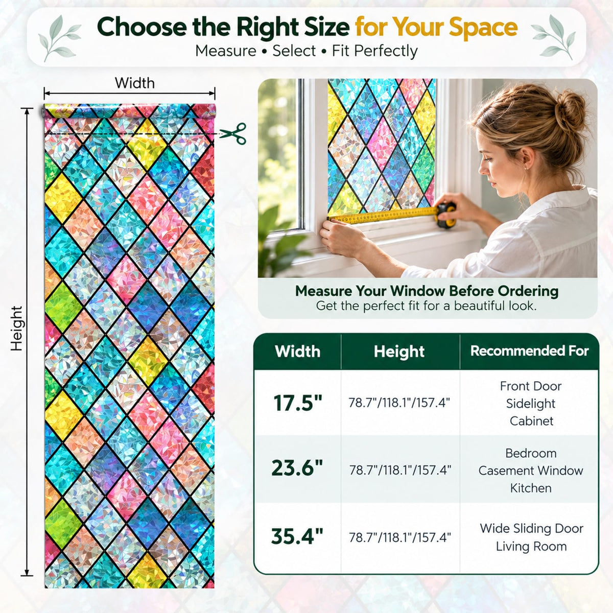 Bectosy Stained Glass Window Privacy Film, Static Cling, 17.5" x 78.7"