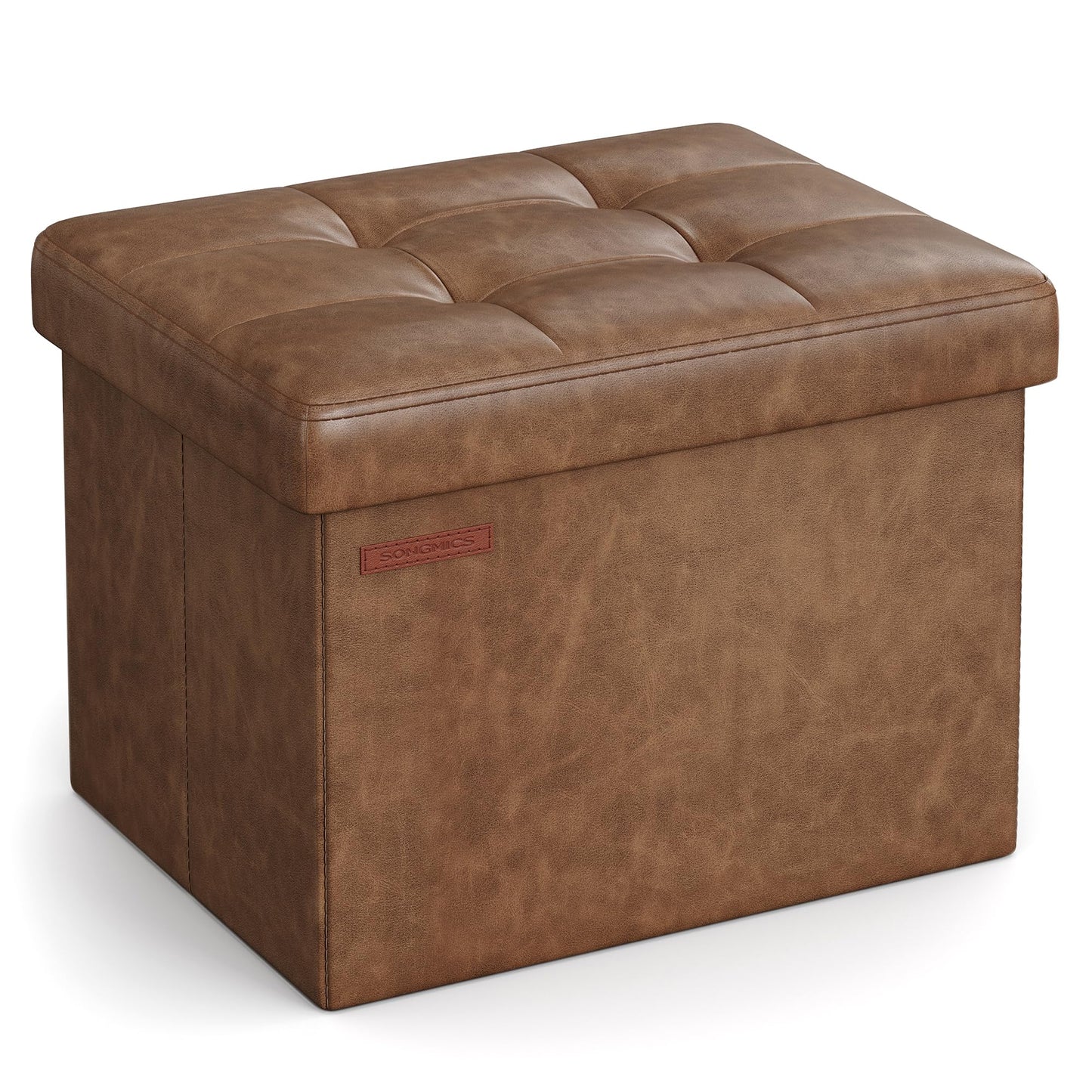 SONGMICS Small Folding Storage Ottoman, Foot Rest Stool, Cube Footrest, Synthetic Leather, 12.2 x 16.1 x 12.2 Inches, 286 lb Capacity, for Living Room, Bedroom, Dorm, Coffee Brown ULSF100K01