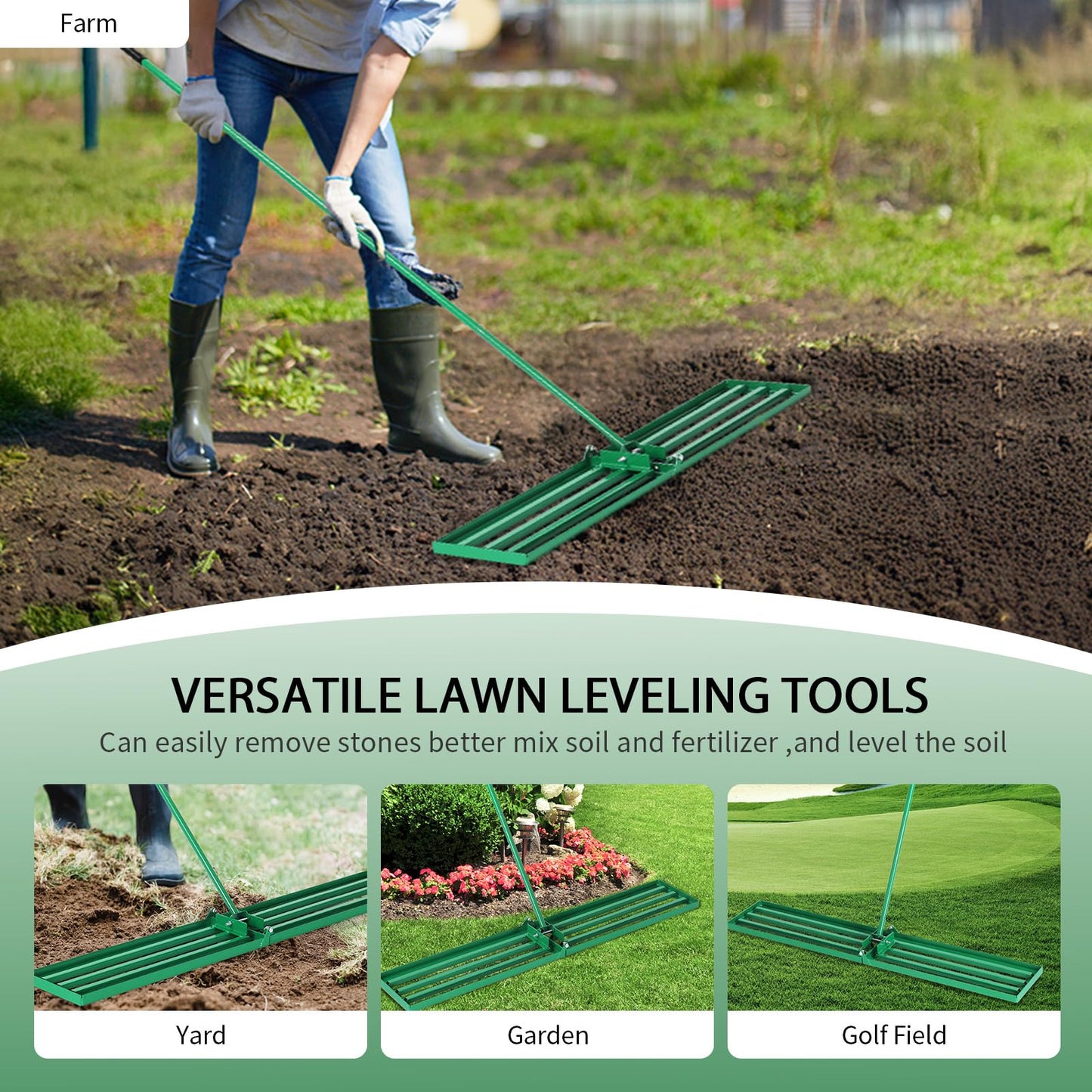 VINGLI Iron Lawn Leveling Rake 36in for Soil Sand Composs, Extended Handle, 180°Rotation Head, with All Handwares, for Yard Garden Golf Field, Green (36in)