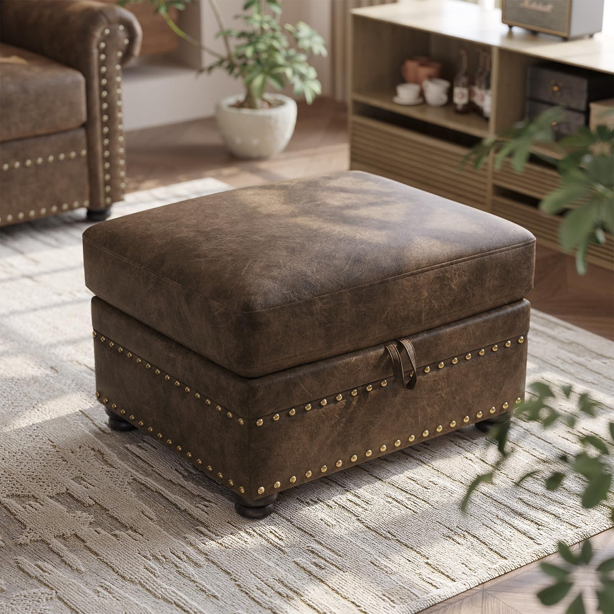 ONBRILL Faux Leather Ottoman with Storage, Rectangle Leather Foot Stool