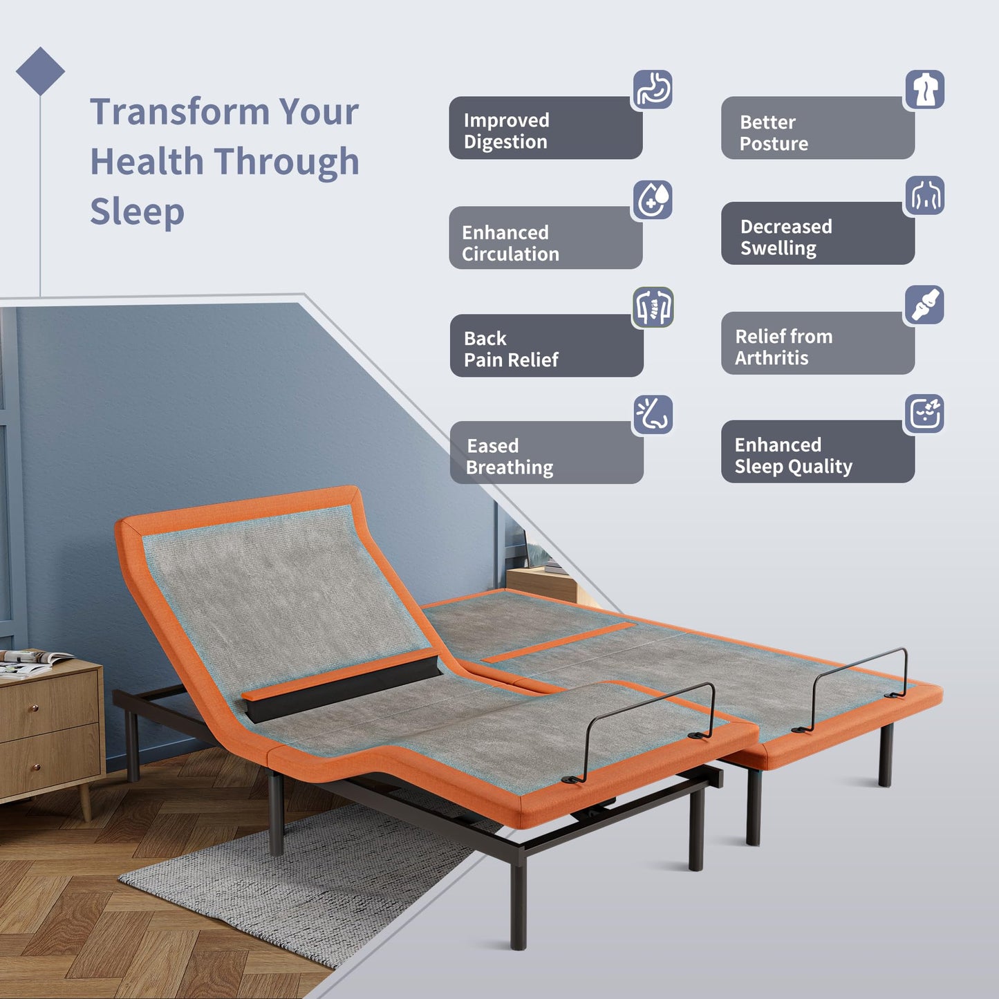 ESHINE Split King Adjustable Bed Frame with Lumbar Support Smart App