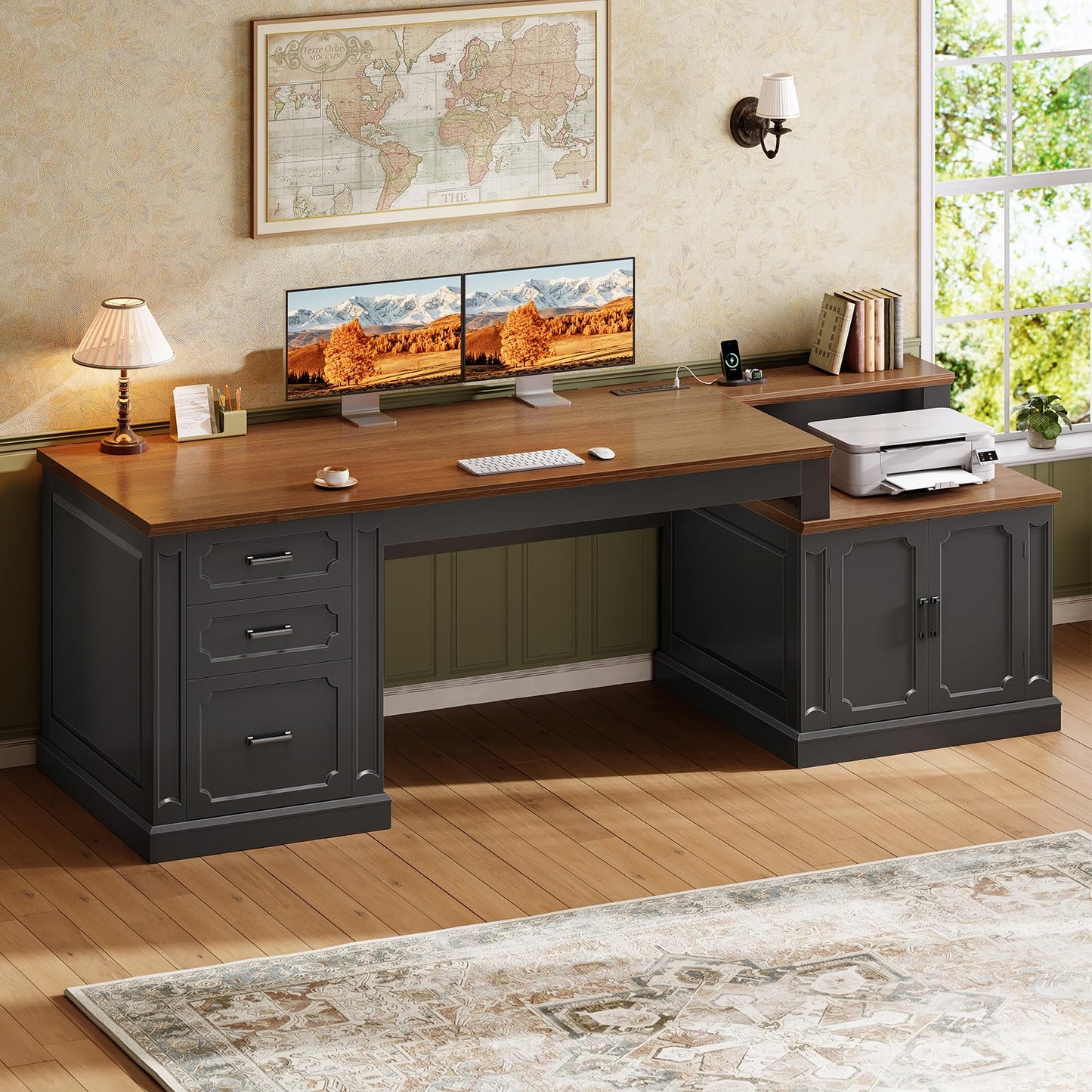 SEDETA Farmhouse 70.9" Executive Desk, Home Office Desk with File Drawers and Storage Cabinet, Computer Desk with Power Outlet for Home Office, Work Study Writing, Black+Brown