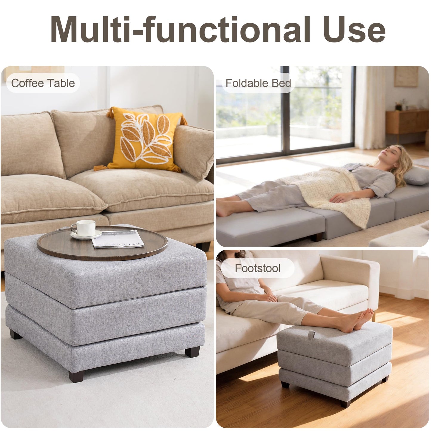 CoVibrant 3-in-1 Convertible Folding Ottoman Sleeper Bed, Full-Length Lounger Sofa Bed with Pillow & Tray, Linen Fabric Floor Mattress for Small Spaces, Living Room, Guest Room,Gray