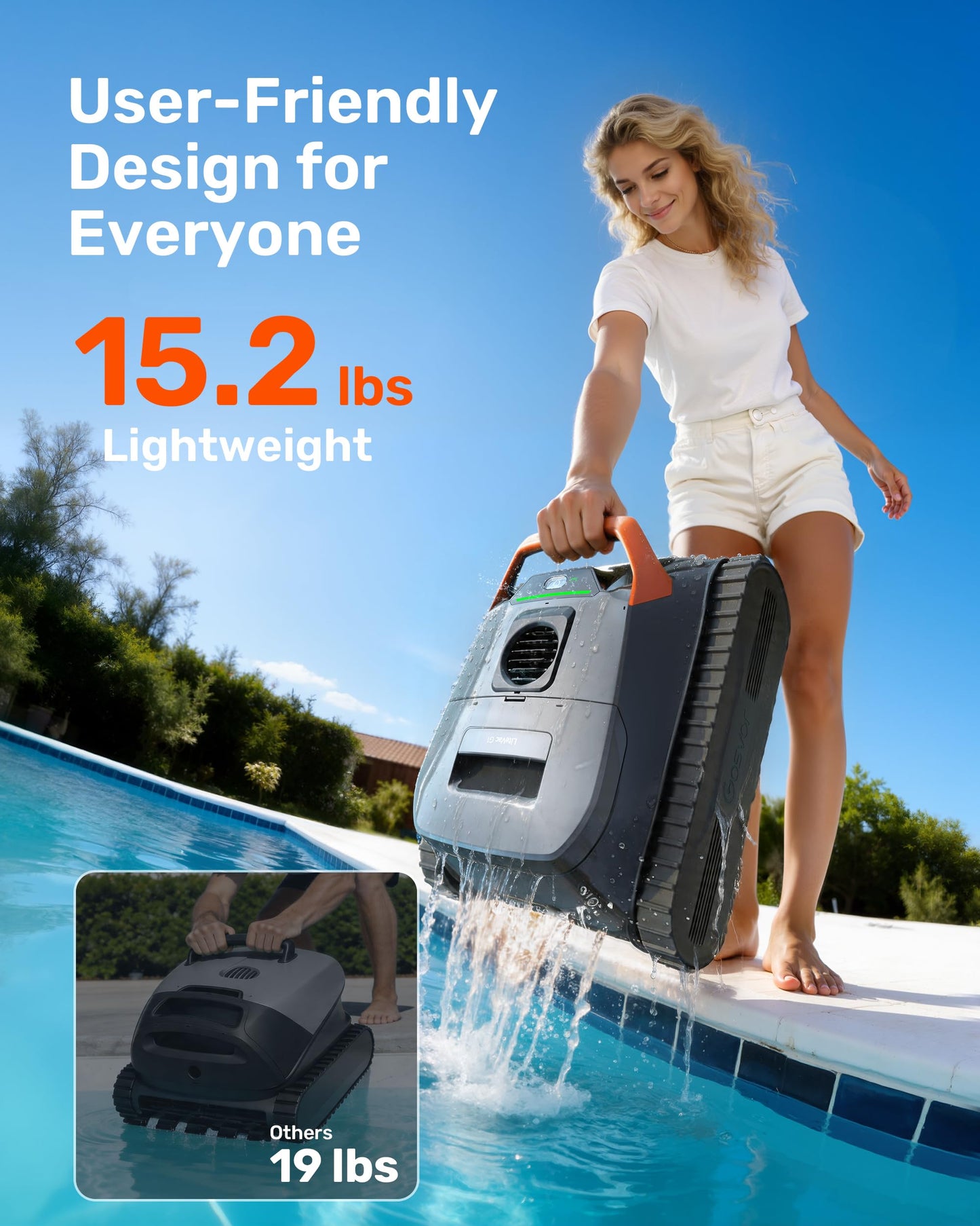 Gosvor LiteVac G1 Cordless Robotic Pool Cleaner for Inground Pools, Above Ground Pool Vacuum with 4-in-1 Wall & Waterline Scrubbing, Easy to Use, Up to 200-Min Runtime, Eco Mode, App Support, Orange
