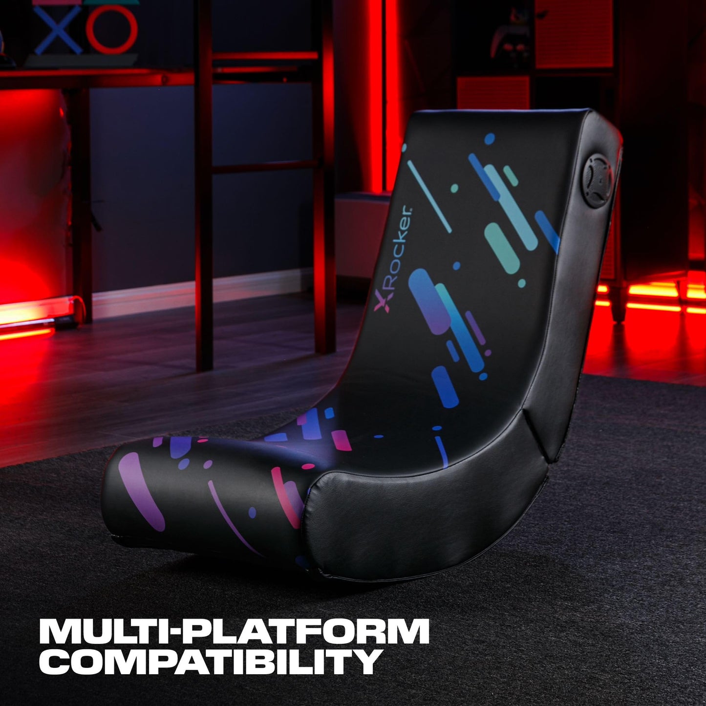 X Rocker Pixel Printed Video Gaming Floor Chair with Headrest Speakers, Wireless Bluetooth, Foldable, Vegan Leather, 300 lbs Max, Amazon Exclusive, Black, Gifts for Gamers